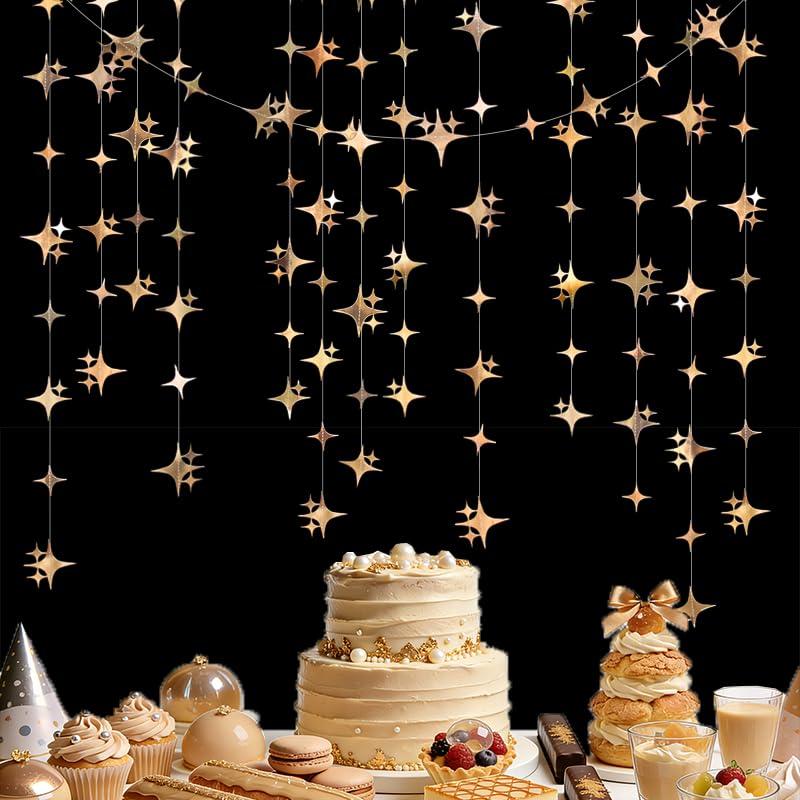 Image of Glitter Champagne Four-Angle Star Paper Garland Banner Decor 40 Feet Twinkle Champagne Star Hanging Bunting Banner Backdrop for Wedding Baby Shower Birthday Graduation Disco Party Decorations