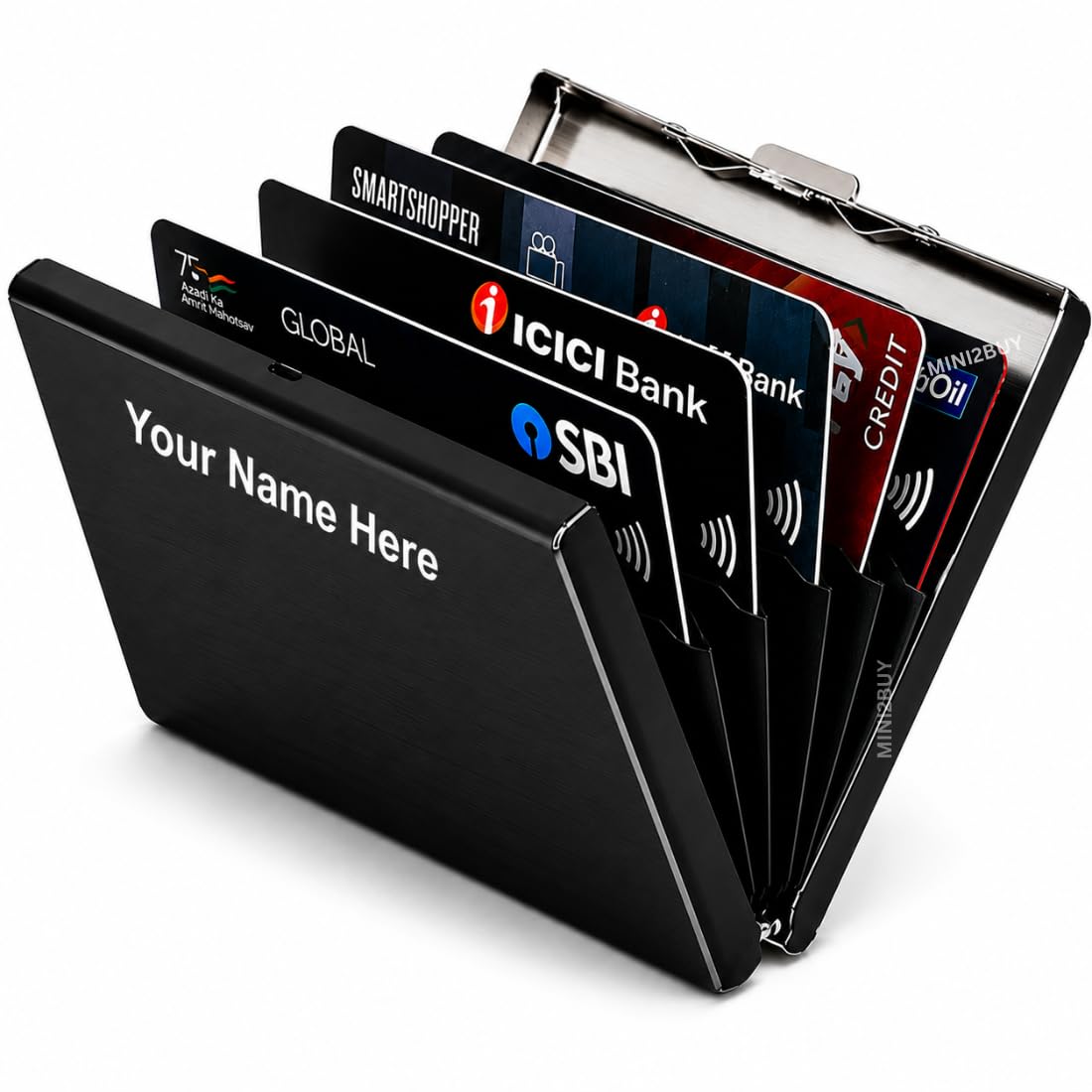 custom Mini2buy Customised Name Engraved Stainless Steel Wallet 6 Slot RFID Protected Metal Slim Store 12-18 Credit | Debit | ATM | Business Cards for Men and Women (9.5 x 6.6 x 1.9 CM) (Black)-picture-21