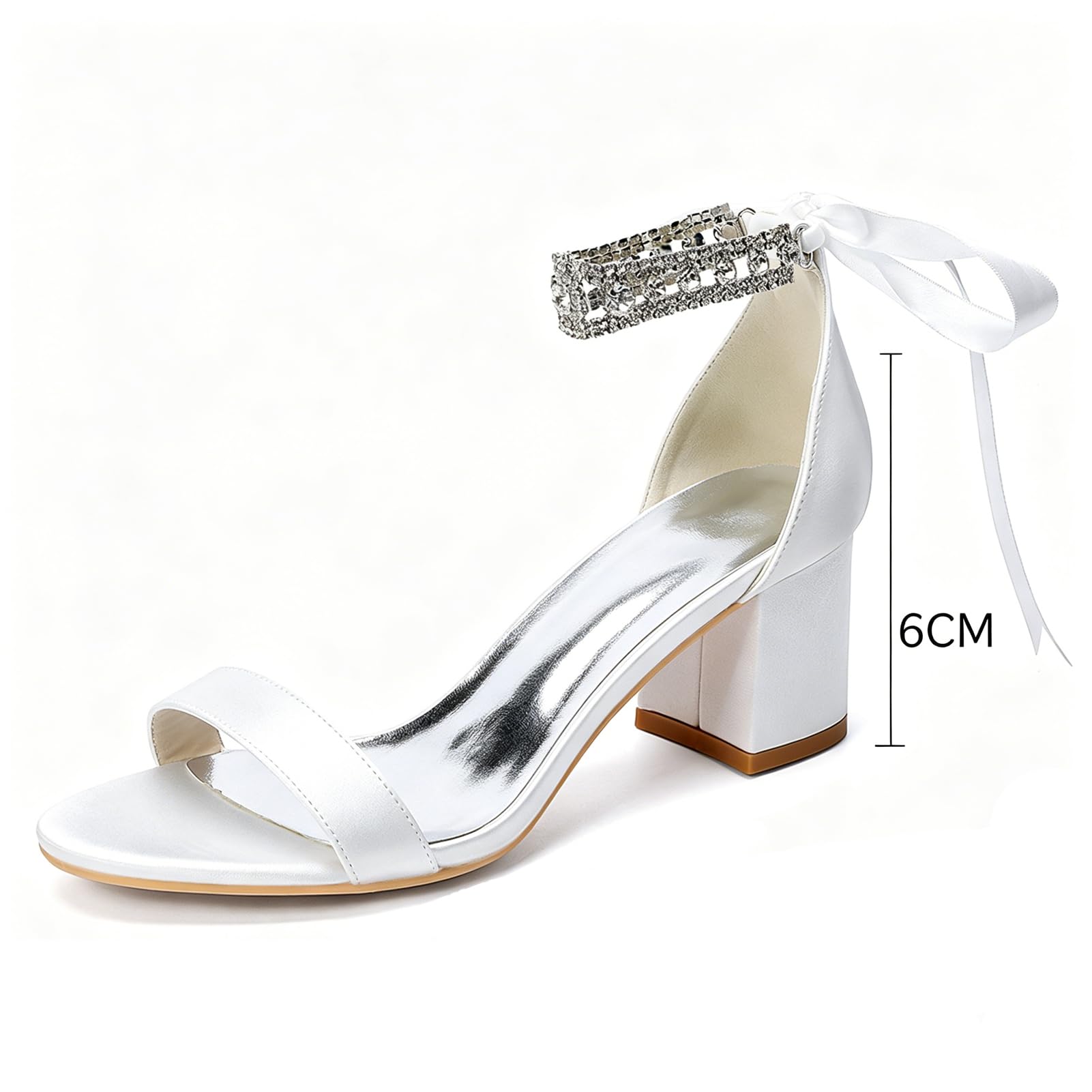 Sandalias de satén con tacón Ancho para Mujer, Puntera Abierta, Tira al Tobillo con pedrería y Lazada de Cinta; Ideales para Novias, Fiestas y Bodas de Noche.