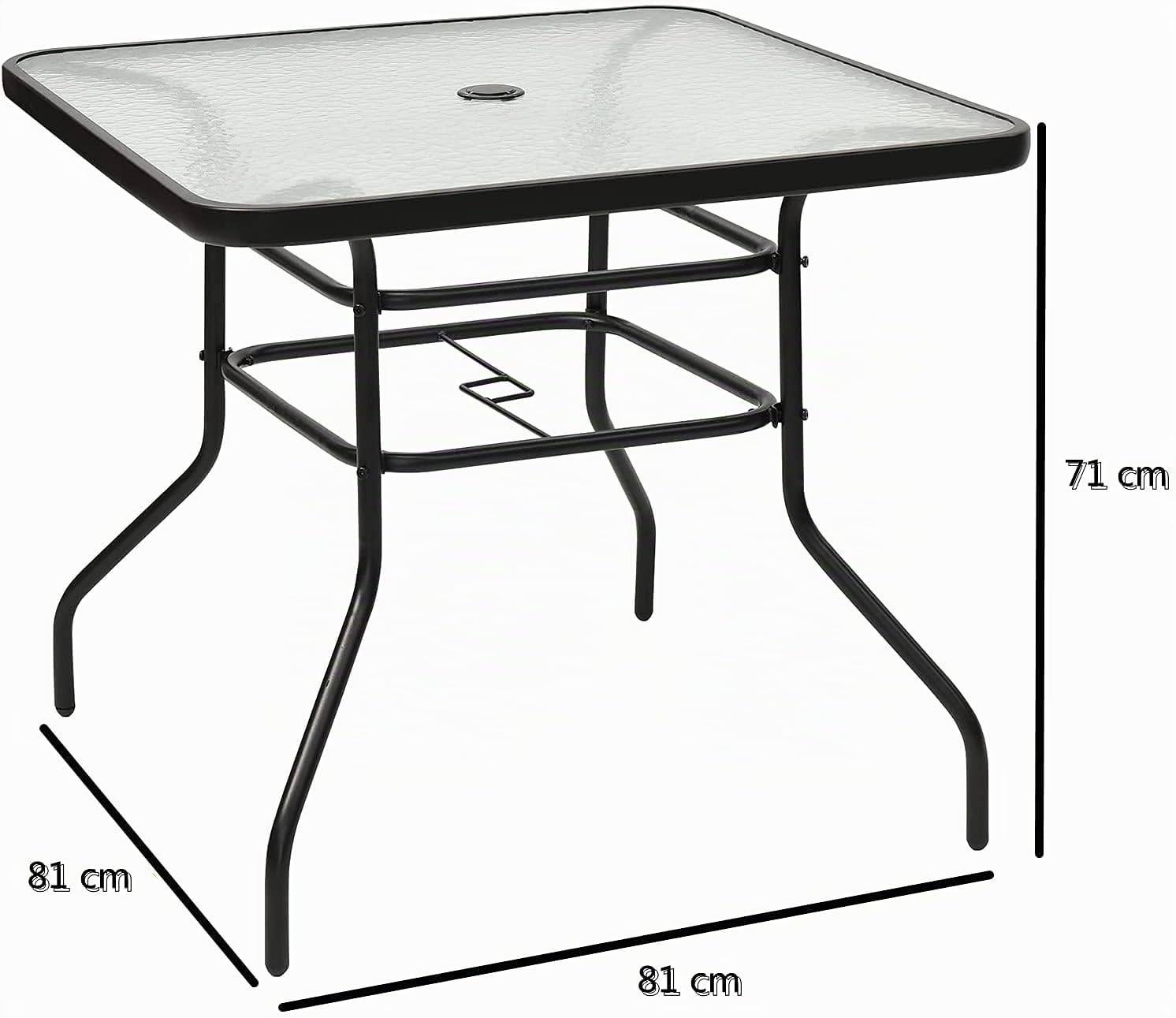 GYMAX Tavolino da Giardino in Metallo e Vetro Temperato, Tavolino da Esterno Elegante con Foro per Ombrellone, Ideale per Terrazzo, Cortile e Bar (80 x 80 x 72cm)