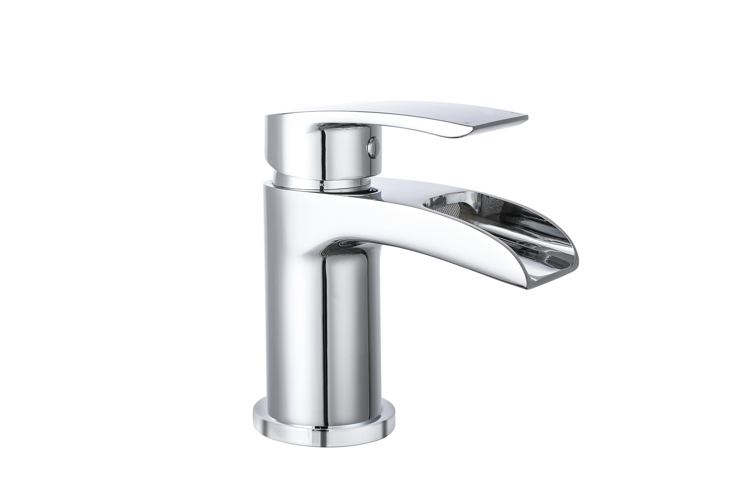 VeeBath Stream Round Waterfall Mono Basin Mixer Tap – Chrome Finish, Single Lever, Modern Sink Tap with Waste, Deck Mounted Bathroom Tap, Contemporary Design for Bathroom Basins
