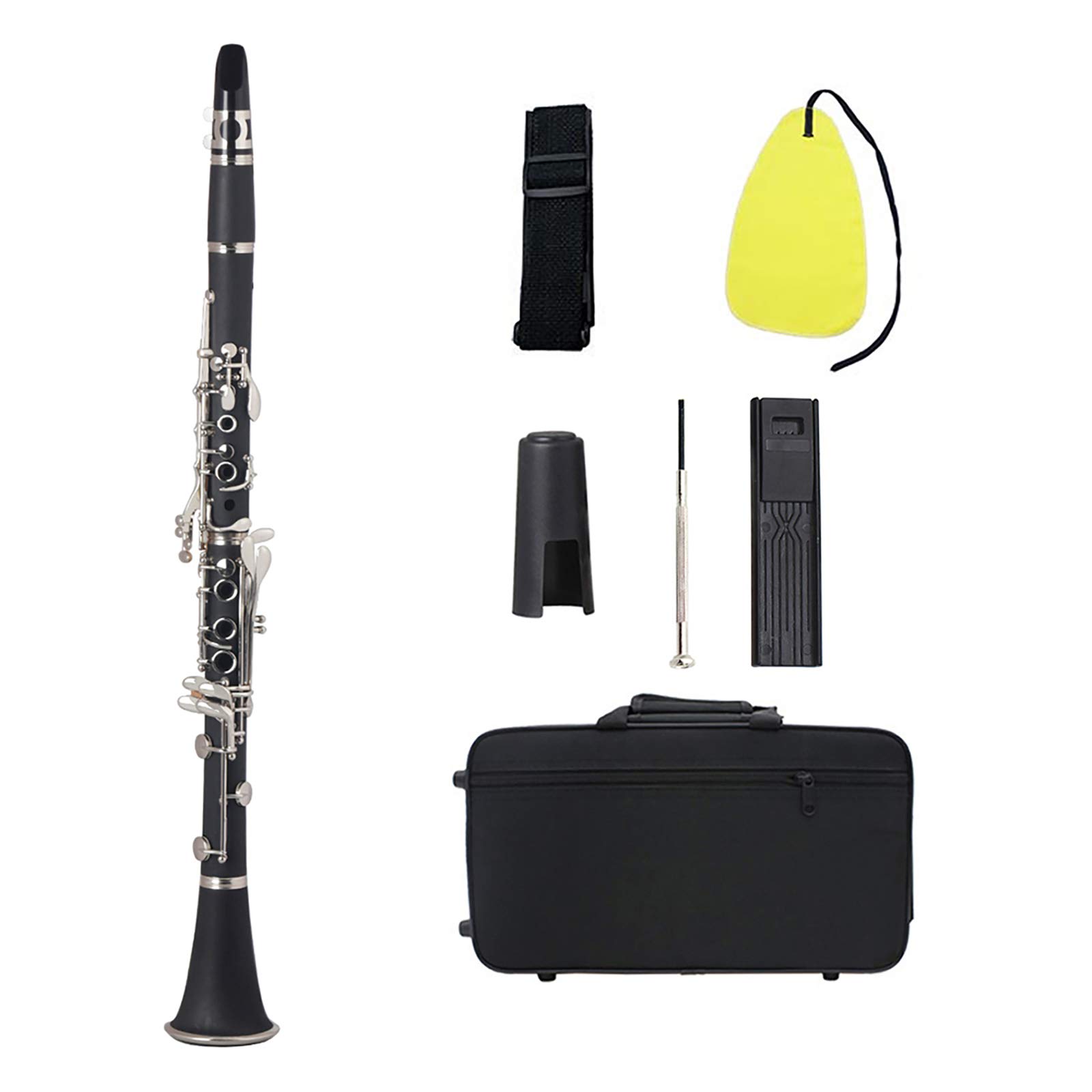 Fyearfly Bb Flat Clarinete Baquelita Llaves de Plata Instrumento de Viento de Madera con funda, lengüeta, paño de limpieza, mini destornillador, calidad asequible para los entusiastas de la música