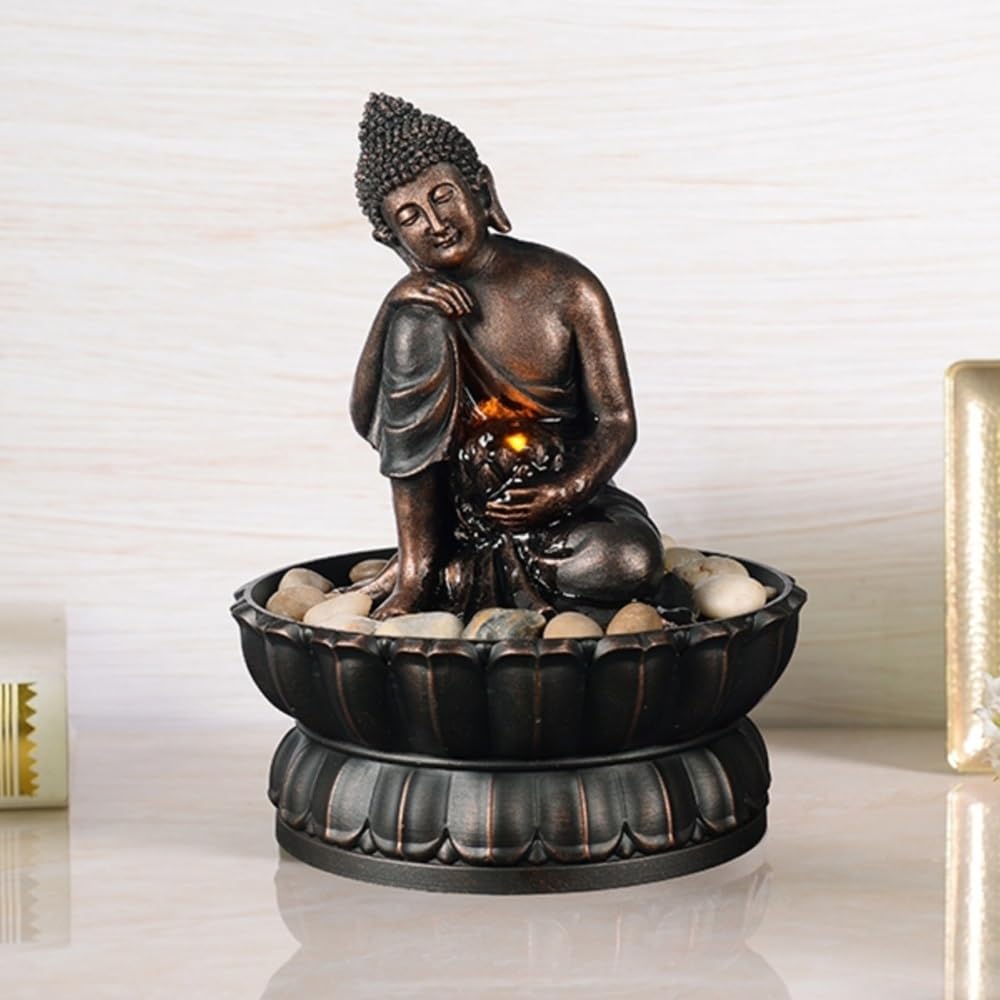 Fuente de Interior Fuente de Escritorio de Buda, Fuente pequeña, Adornos de Resina, decoración Sencilla for el hogar, meditación de Serenidad Zen Fuente Agua Decorativa