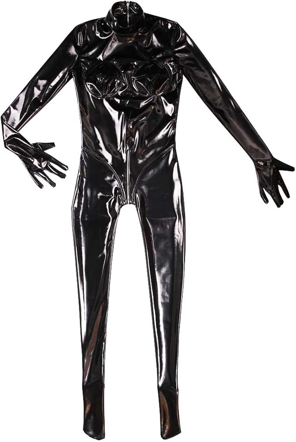 LESOYA Women's Sexy Wetlook PVC Catsuit Shiny Zipper Crotch Bodysuit Jumpsuit with Gloves Clubwear