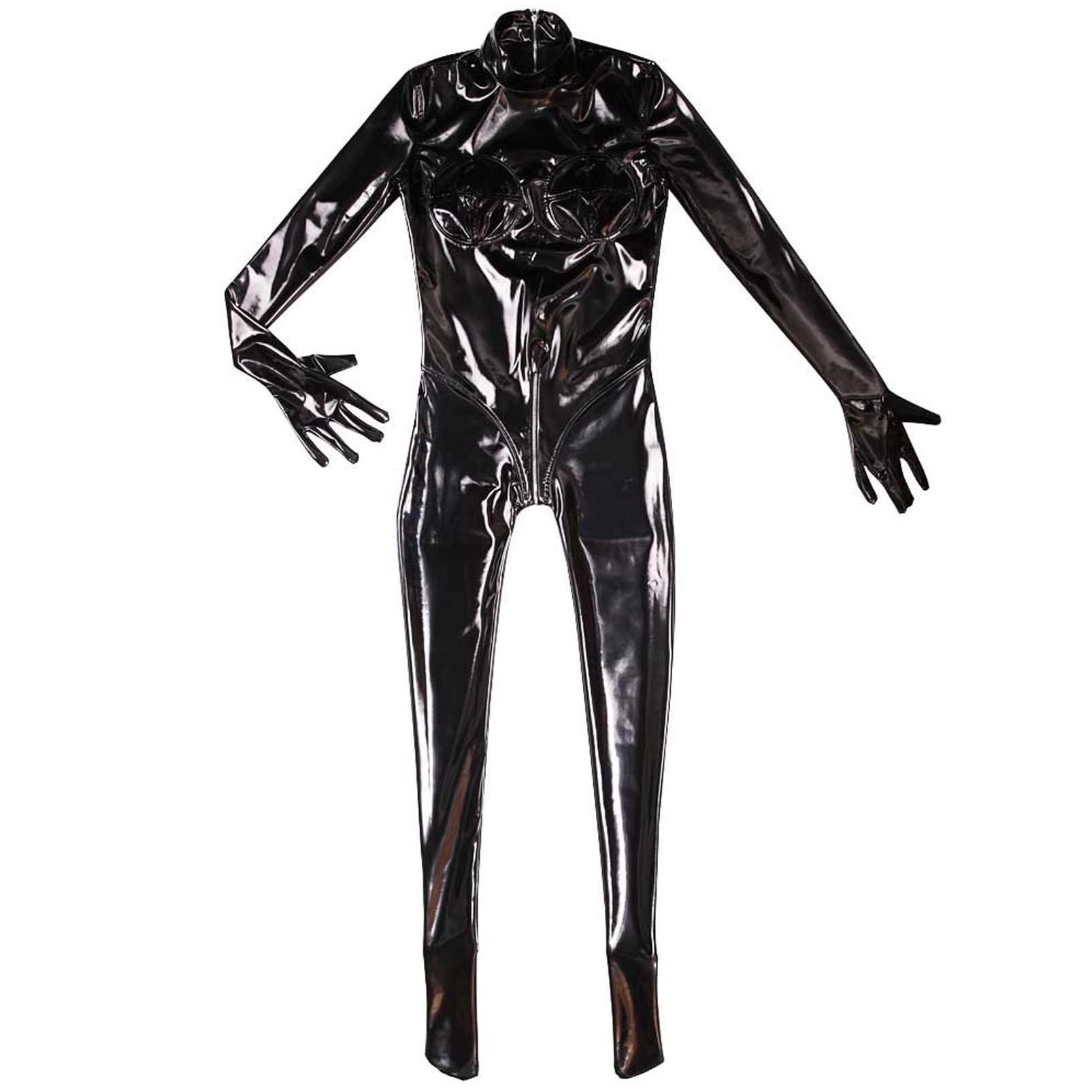 Damen Wetlook PVC Leder Overall Bodysuit Glänzend Catsuit Ganzkörperanzug mit Handschuhen