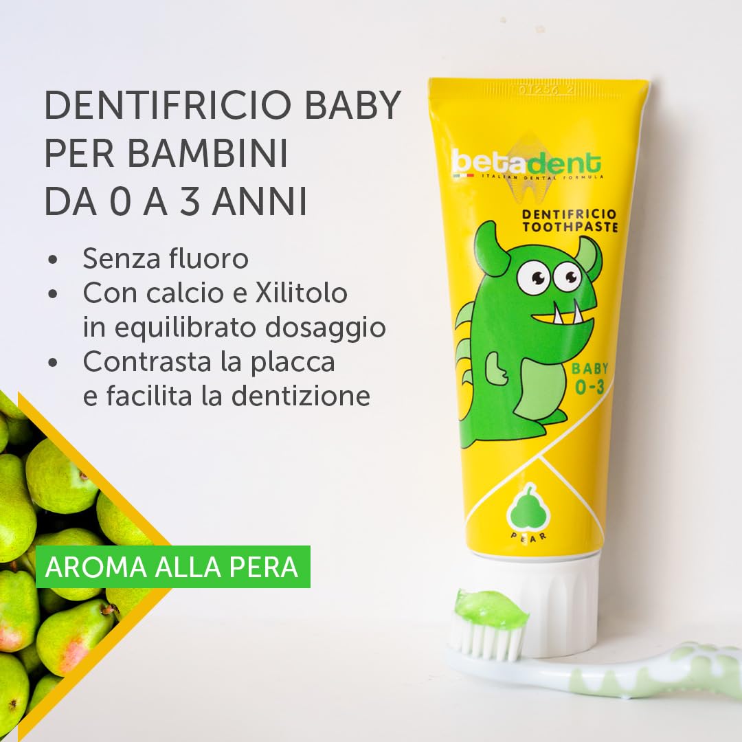 Betadent DENTIFRICIO BABY PER BAMBINI DA 0 A 3 ANNI. Senza Fluoro. Gusto Pera. Azione Antiplacca, facilita la dentizione. Formulazione naturale - 75 ml