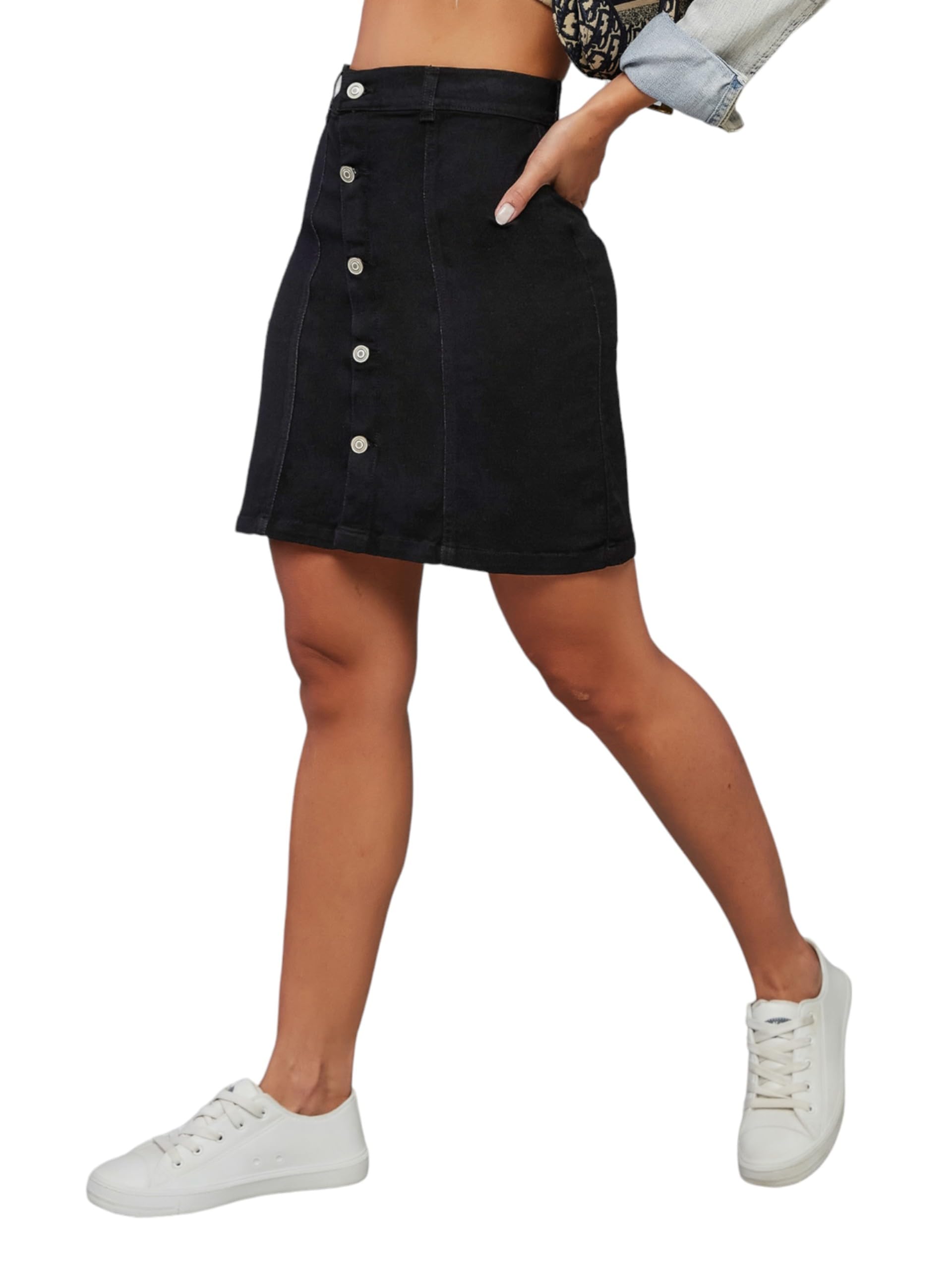 miss chase Women's Black Stretchable Solid A-line Mini Denim Skirt-picture-12