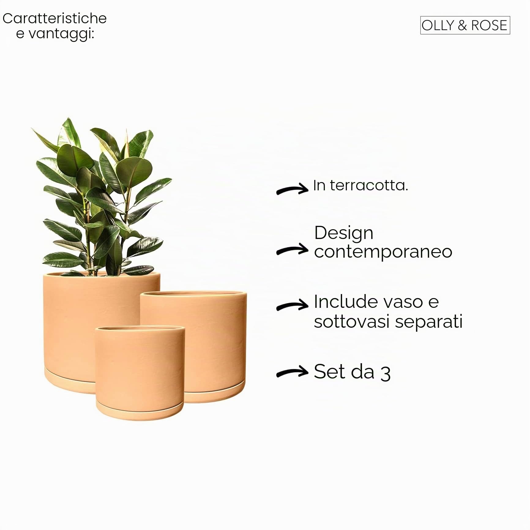 Olly & Rose Roma - Set di 3 vasi da giardino in terracotta, per interni ed esterni, in ceramica, rotondi, con piattini