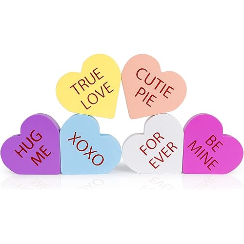 Wooden Heart Decor for Valentines Day, Double Printed Freestanding Wood Sign Valentines Decoration, Table Decorations for Living Room, Tiered Tray, Fireplaces Mantel, Wall Shelf - 6 PCS