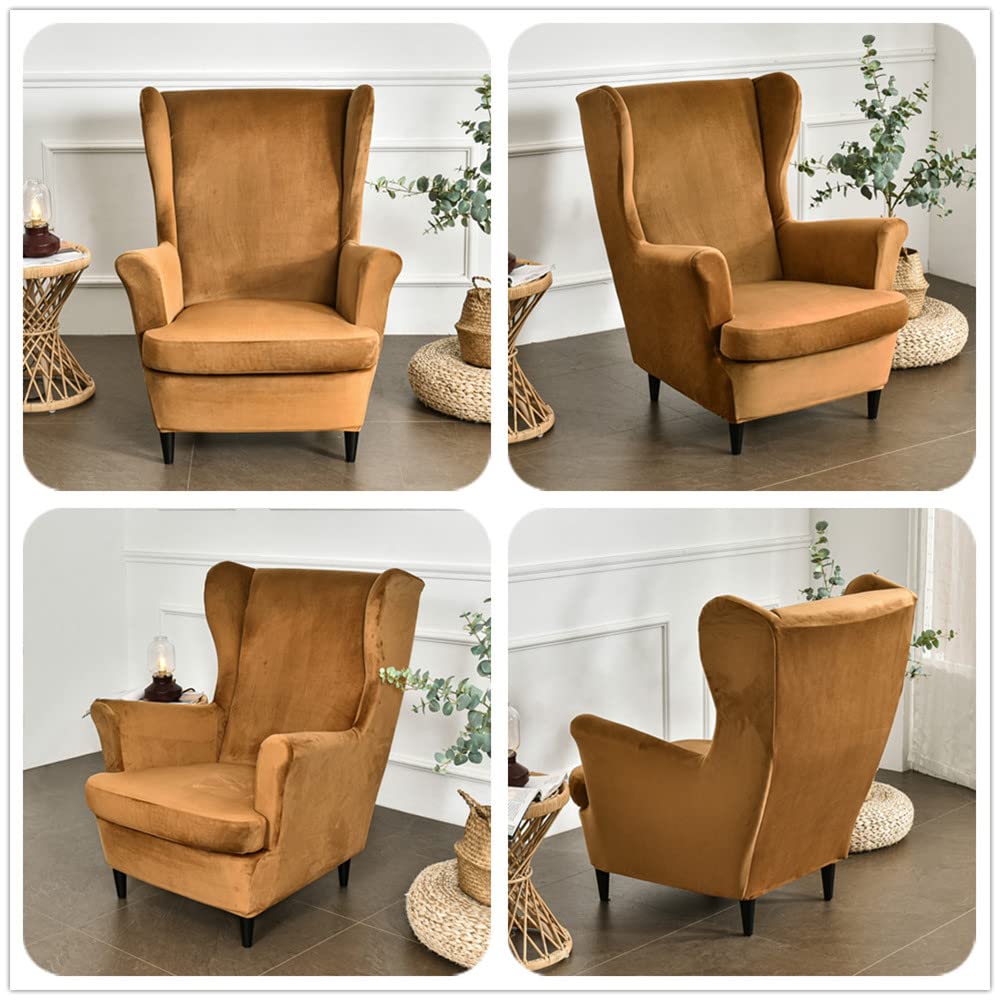 Highdi Terciopelo Funda de Sillón de Orejas Elástica con Funda Otomana, Funda de Sofá Relax 2 Piezas con Funda de Cojín, Fundas Protector de Butaca para Dormitorio, Recepción, Club (Caqui)