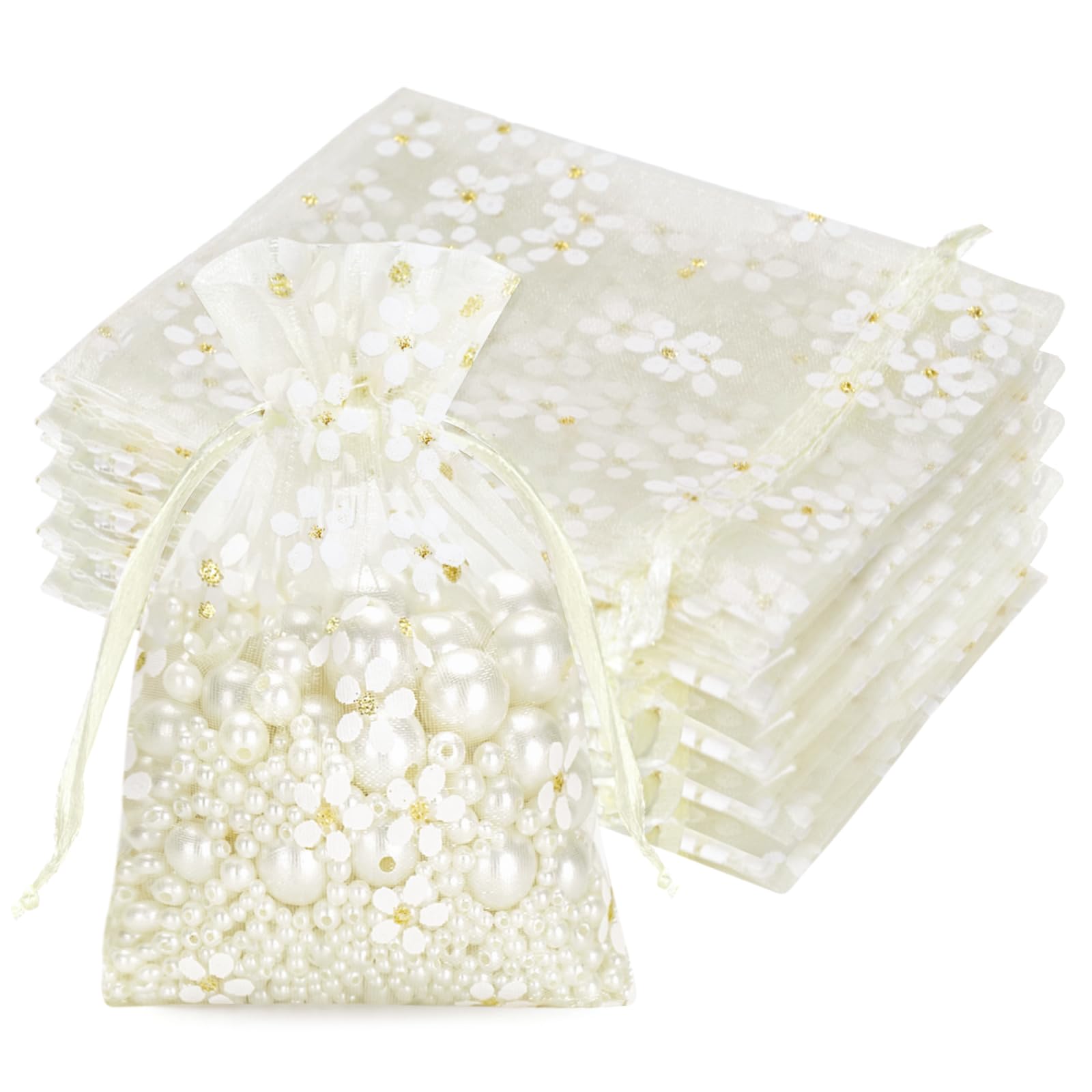 jijAcraft Daisy Organza Pouches Cream: 10x12CM Organza Gift Bags 30PCS Jewelry Drawstring Pouches for Wedding, Birthday, Baby Shower, Party, Craft Storage, Gift Wrapping
