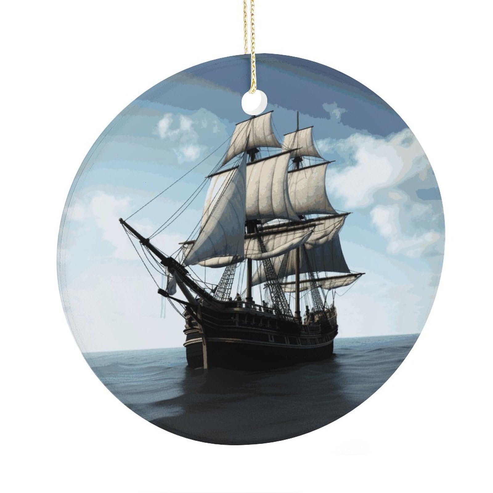 Fekiloot Style Old Sailing Ship Christmas Ornaments 2.9 Inch Round Ceramic Ornament Keepsake Thank You Gifts For Office, Room, Home - Holiday Present Ideas
