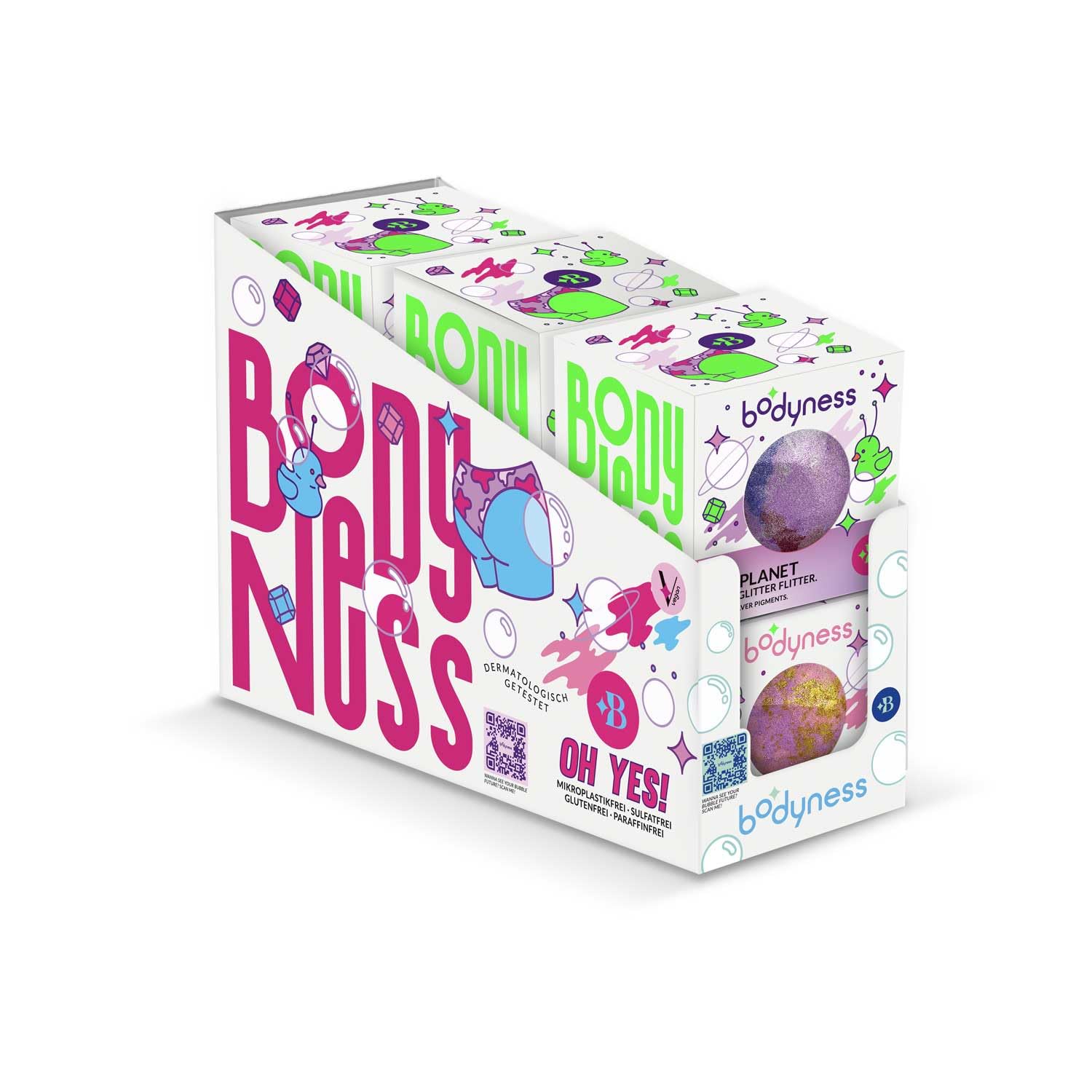 BODYNESS Bath Bomb Galaxy 6er Pack - 6 Badekugel in Planetenform, schimmernde Badebomben für Hautpflege und Entspannung mit blumigem Duft & Argan-Öl, 6x 165g