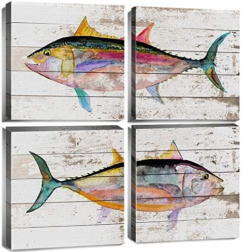 Fish Wall Art Nautical Decor Farmhouse Beach House Bathroom Decor Coastal Fish Pictures Vintage Ocean Decor Colorful Tuna Fish Canvas Poster for Bedroom Living Room Kitchen Home Decoration 12x12" 4 Piece