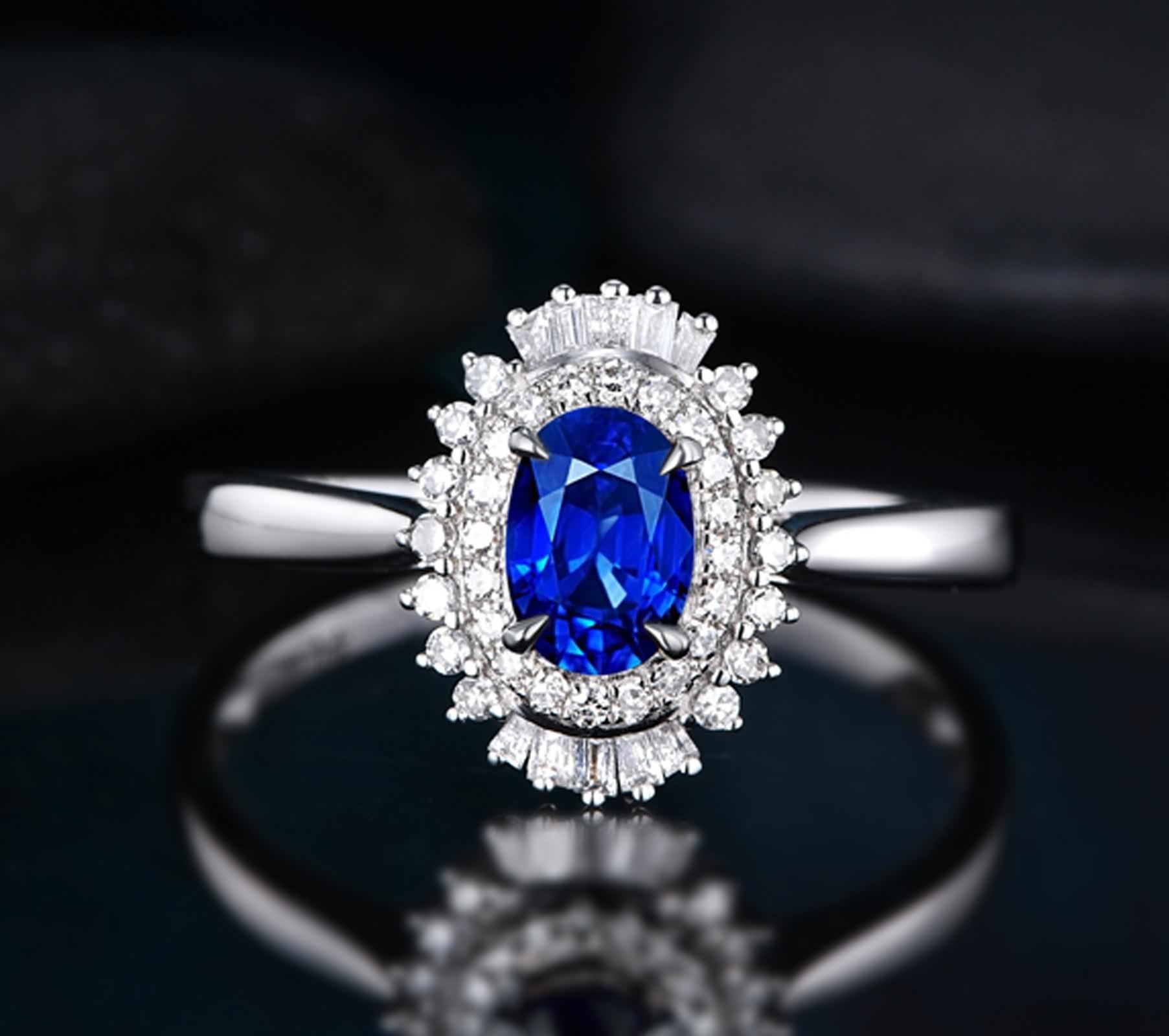 Anillos Oro Blanco, Anillos Mujer Vintage Stein Doble Mutilin de Lujo 18K Zafiro para Esposa Novia Ajuste Cómodo