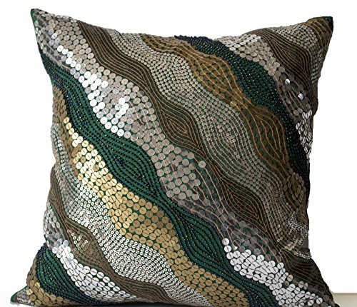 Amore Beaute Decorative Pillow Case - Emerald Green Throw Pillow Covers with Silver Copper Sequins - Handcrafted Pillow Cover- Emerald Green Silk Pillow Covers- Couch Pillow-luxe Pillow-square Pillow Covers