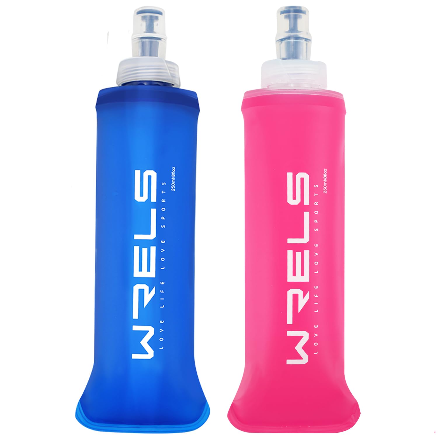 WRELS TPU Soft Flask 150ml/250ml/500ml Water Bottle,BPA Free Collapsible Hydration Flask for Running Hiking Cycling Climbing and Marathon (Dark Blue 250ml+Pink 250ml)