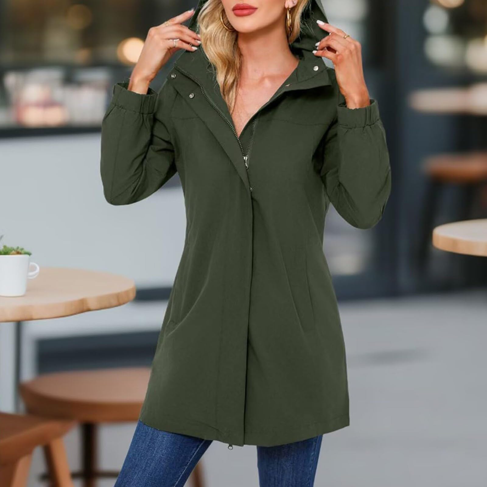 Generisch Poncho de lluvia para mujer, largo, impermeable, con capucha, transpirable, cortavientos, chaqueta de manga larga con cremallera, chaqueta ligera para el tiempo libre