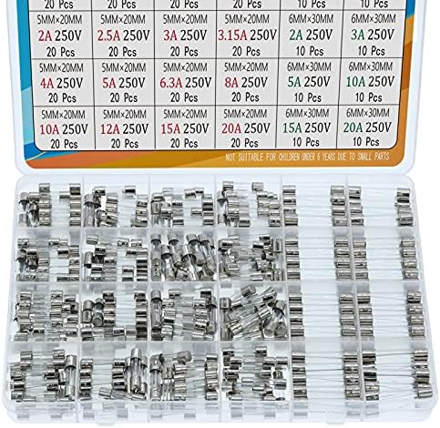 AUKENIEN Fast Blow Glass Fuses Kit 24 Values 400pcs 5x20mm 0.25A 0.5A 1A 1.6A 2A 2.5A 3A 3.15A 4A 5A 6.3A 8A 10A 12A 15A 20A 250V 6x30mm 0.5A 1A 2A 3A 5A 10A 15A 20A Quick Round Fuse Tube Assortment