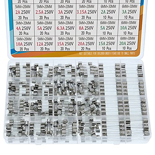 Aukenien Fast Blow Glass Fuses Kit 24 Values 400Pcs 5X20Mm 0.25A 0.5A 1A 1.6A 2A 2.5A 3A 3.15A 4A 5A 6.3A 8A 10A 12A 15A 20A 250V 6X30Mm 0.5A 1A 2A 3A 5A 10A 15A 20A Quick Round Fuse Tube Assortment #TOP3