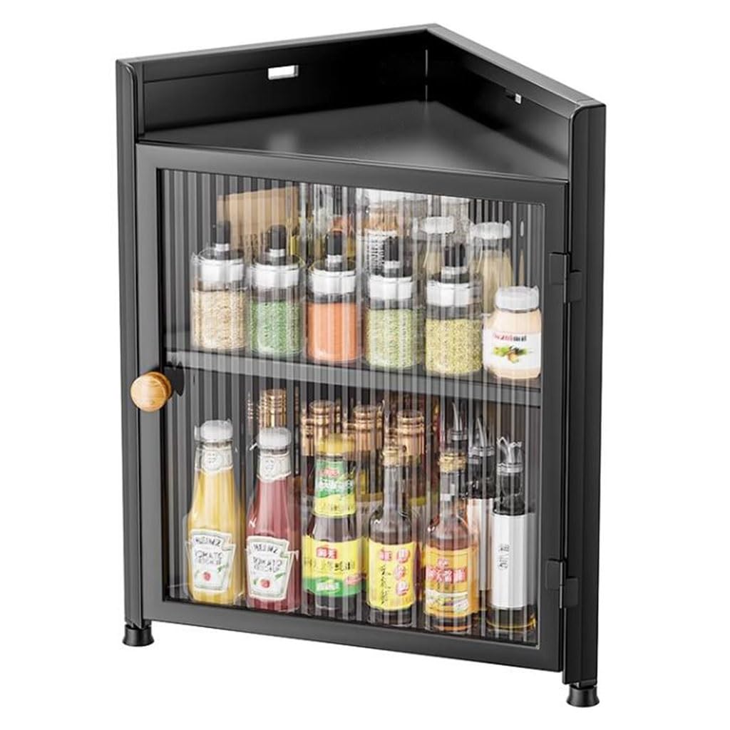 Meuble d'angle mural noir à étagère triangulaire de 2 ou 3 niveaux avec porte pour la cuisine