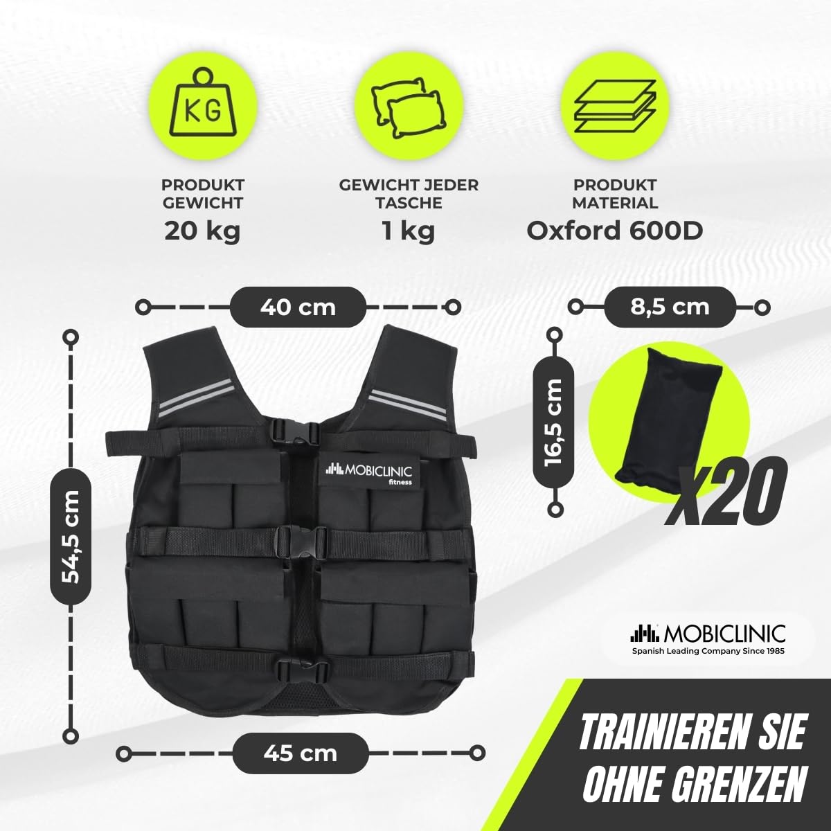 Mobiclinic®, Gewichtsweste, 10/20kg, Weighted vest, Verstellbar, Langlebig, 600D-Oxford-Gewebe, Inklusive Gewichte, Reflektierende Streifen, Gewichtsweste für körperliches Training, Iron