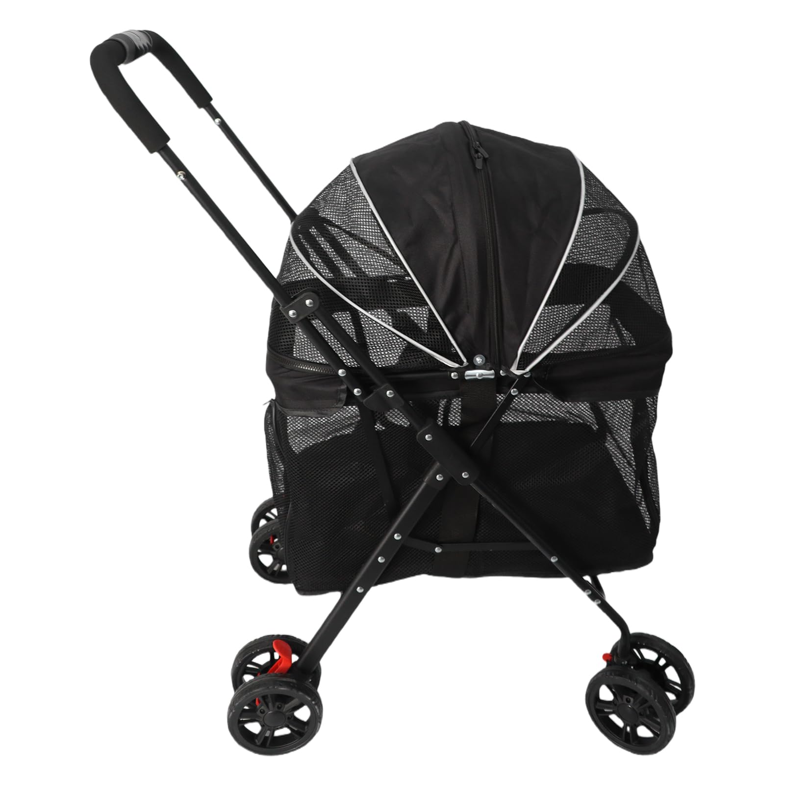 Cochecito plegable para mascotas, malla transpirable de 360 ​​grados con dosel con cremallera de 2 vías, bandeja de comida desmontable, portavasos, cochecito de viaje para perros (Negra)