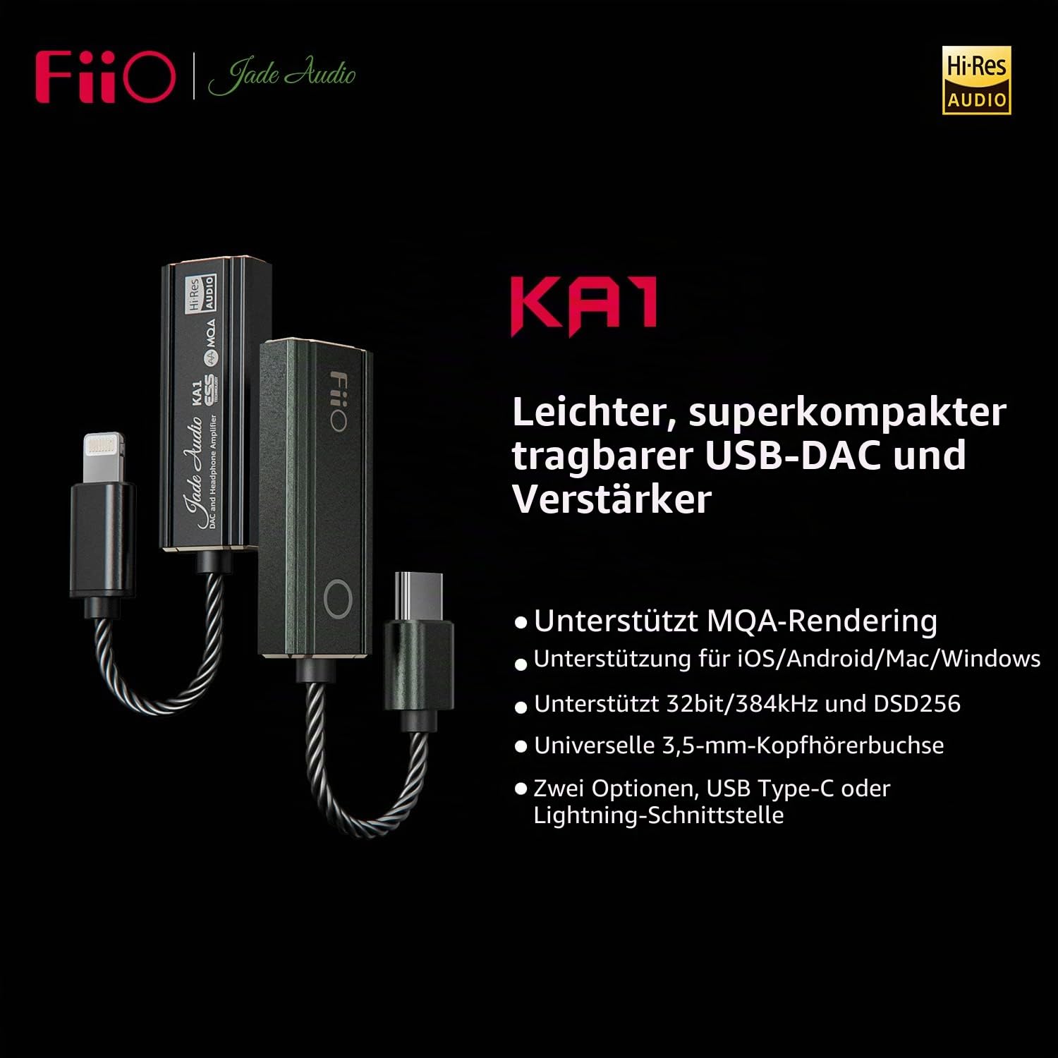 FiiO JadeAudio KA1 Kopfhörer-Verstärker, winziger USB-DAC, hohe Auflösung, 3,5 mm, verlustfrei, für Smartphones/PC/Laptops/Player (Typ C, schwarz)
