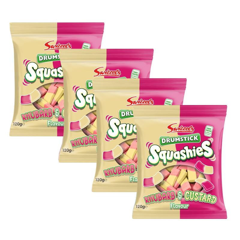 Swizzels Squashies Drumstick Rhubarb & Custard Sweets – Vegan, Halal & Vegetarian Friendly Jelly Gummies, Chewy Sweets, Delicious Sweet Treats for All Ages, Vegan Sweets – 4 Pack + Cheeroo Magnet