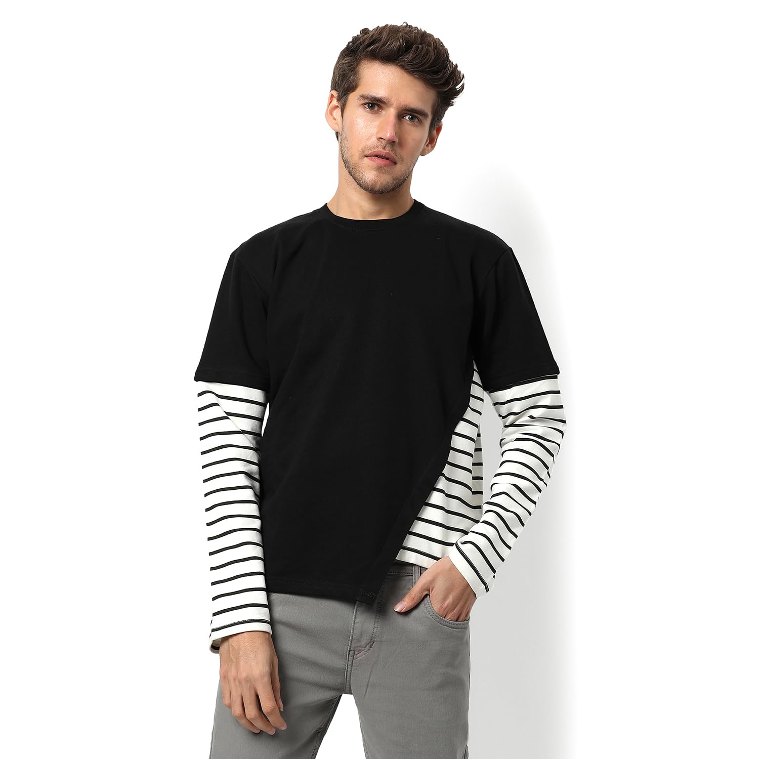 cahoot Campus Sutra Men's Black Solid & White Striped Regular Fit Sweatshirt for Winter Wear | Round Neck | Full Sleeve | Cotton Sweatshirt | Casual Sweatshirt for Man | Western Stylish Sweatshirt for Men-picture-33
