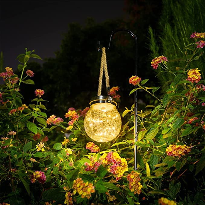 Jorunb 2 Pack Solar Lantern Crackle Glass Ball, Amber Warm LED Hanging Solar Lights Outdoor Garden Waterproof Decorative Solar Lantern for Yard Tree, Garden Pathway Fence Lawn Backyard.