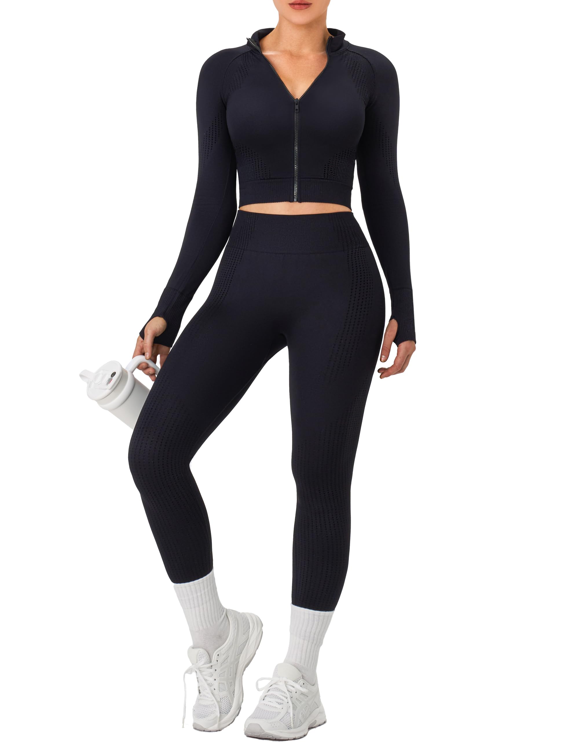 OLCHEE Womens Workout Sets 2 Piece Seamless Yoga Outfits Long Sleeve Zipper Jacket High Waist Leggings Butt Lifting Gym Set