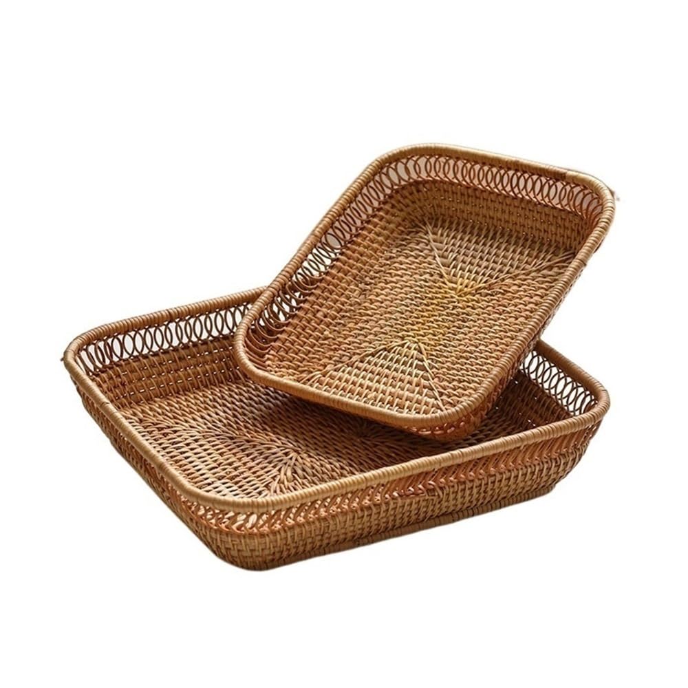 Basket Storage Box Kitchen Retro Rectangle Tabletop Wicker Platter,Handwoven Rattan Woven