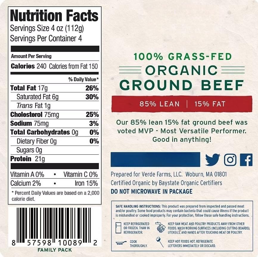 Organic Grass Fed 85% Ground Beef, Is U.S. inspected and passed by Department of Agriculture. Safe Handling Instructions: Keep refrigerated or frozen. 3 PK [ 48 oz, 3 lb ]