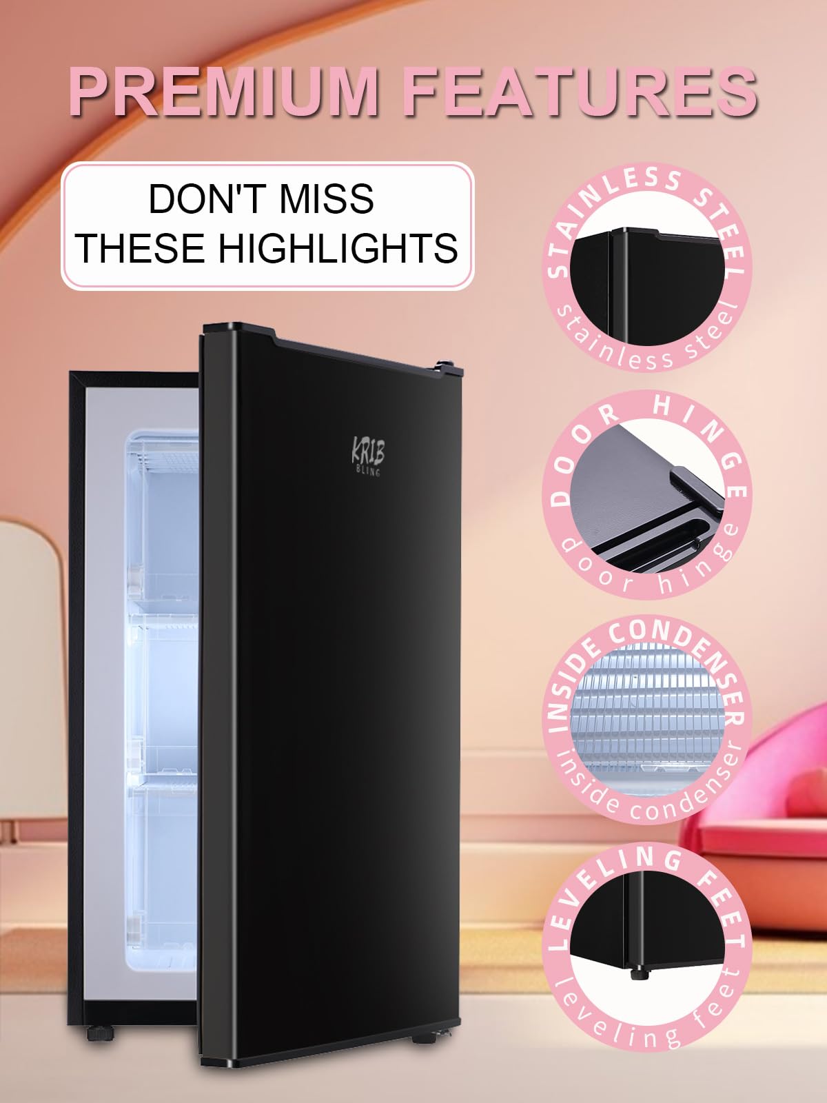 3.2 Cu.Ft Upright Freezer With 3-Grade Temperature Control, Krib Bling Mini Freezer With Wire Shelves, Suitable For Basement, Office, Black on Fridge.com - View 5