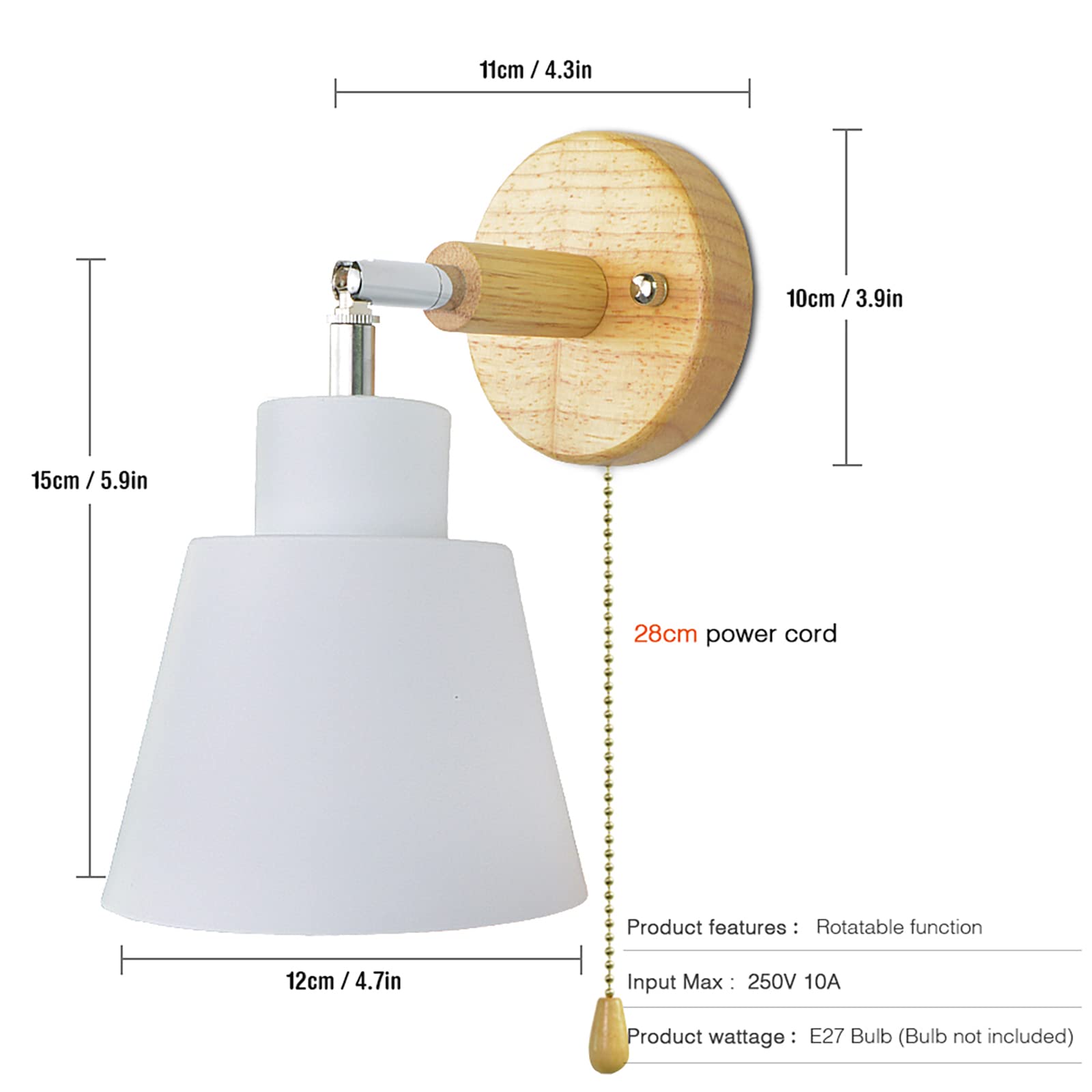 Lampada Da Parete Con Interruttore A Fune Rotazione Libera Di 350° Lampada Da Comodino Macaron Vintage Moderna E27 Lampada Da Parete In Legno Adatto Per Soggiorno E Camera Da Letto（Bianco）