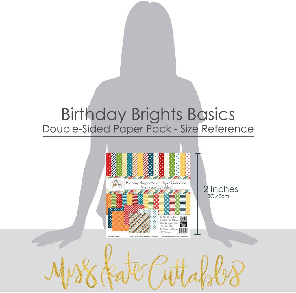 Pattern Paper Pack - Birthday Brights Basics - for Party - 17 Double-Sided 12"x12" Collection Includes 34 Patterns - Scrapbooking Card Making Crafting - by Miss Kate Cuttables