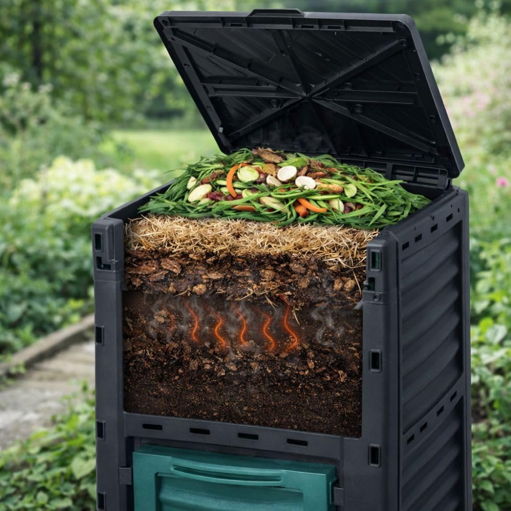 TERRE JARDIN - Compostador de Jardín, 300 L - Contenedor de Compost, 83 x 61 x 61 cm, de Polipropileno Contenedor Compostador de Residuos de Jardín, Resistente a Golpes y a los UV
