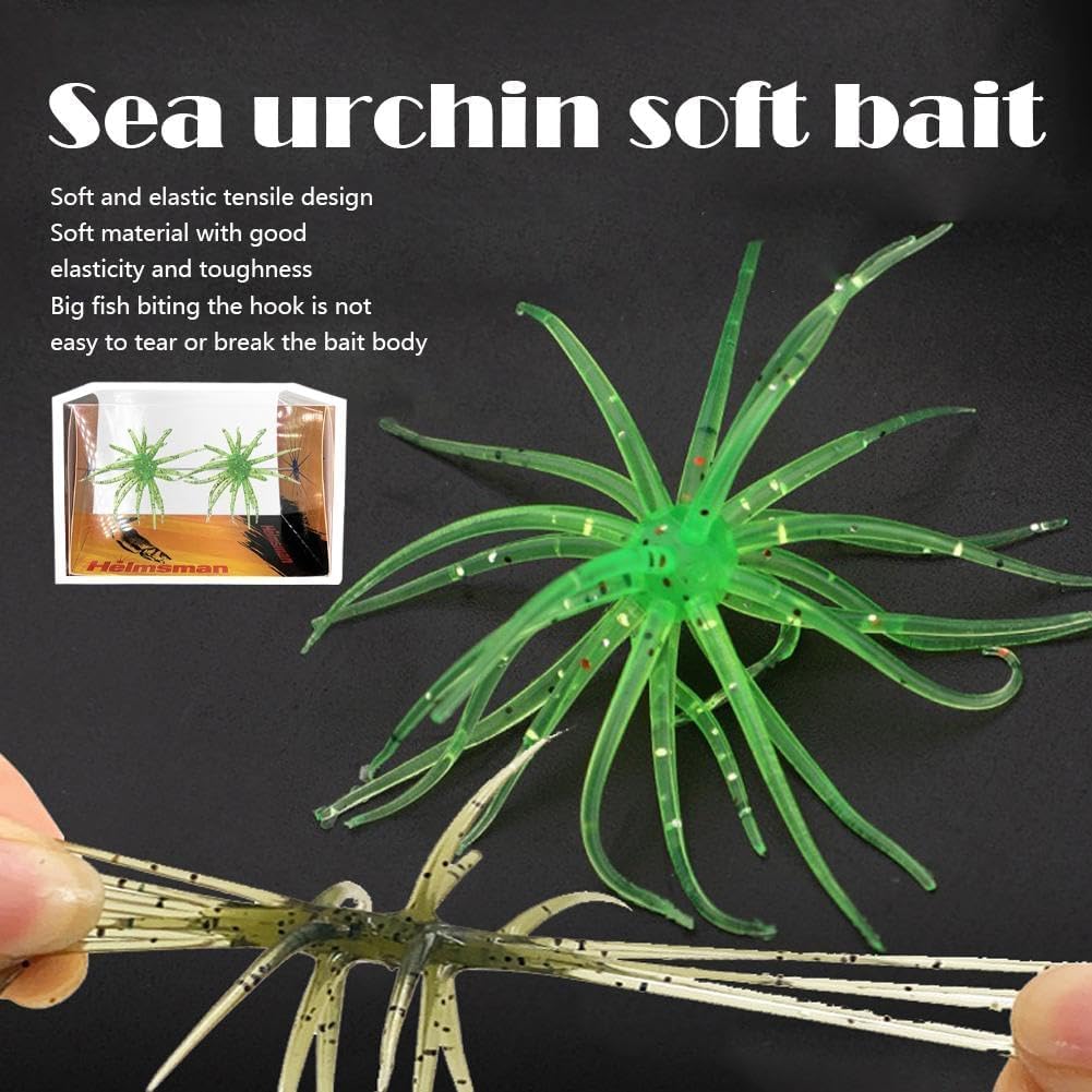 4Pcs Sea Urchin Soft Bait | Realistic Fuzzy Dice Fishing Lure for Bass & Perch | Floating TPR Swimbait with Reflective Stars | 6 Colors Artificial Worm Bait for Saltwater & Freshwater - 5
