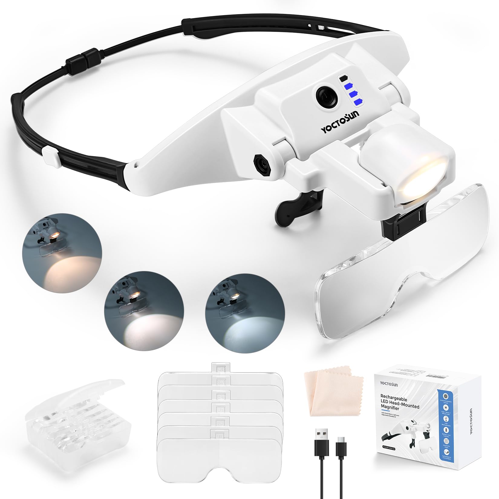 YOCTOSUN Magnifying Glass with Light, Rechargeable Head-Mounted Magnifier with 6 Lenses 1.0X–4.0X, Headband Magnifier with 3 Light Colors, Hands-Free Head Magnifying Visor for Crafts, Sewing, Jewelry