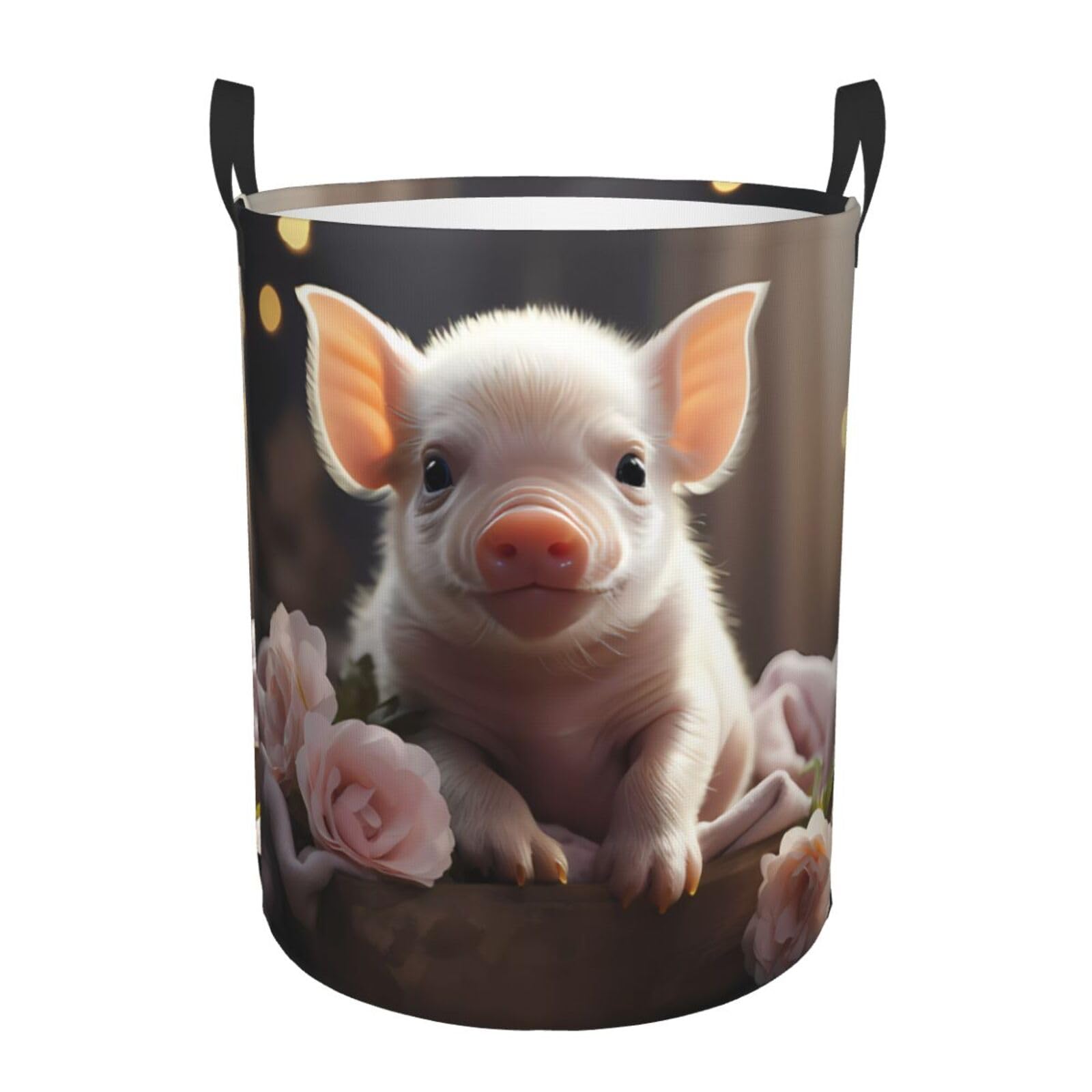 M Collapsible Cute young pig Print Circular Hamper Round