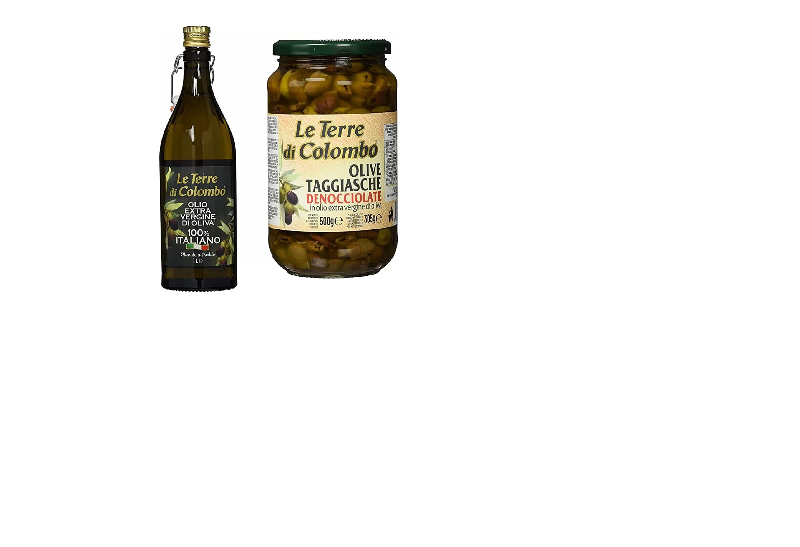 Le Terre di Colombo Aceite de oliva virgen extra 100 % italiano, botella con estrías y tapón mecánico, 1 L + Aceitunas Taggiasca sin hueso en aceite de oliva virgen extra (36 %), 500 g