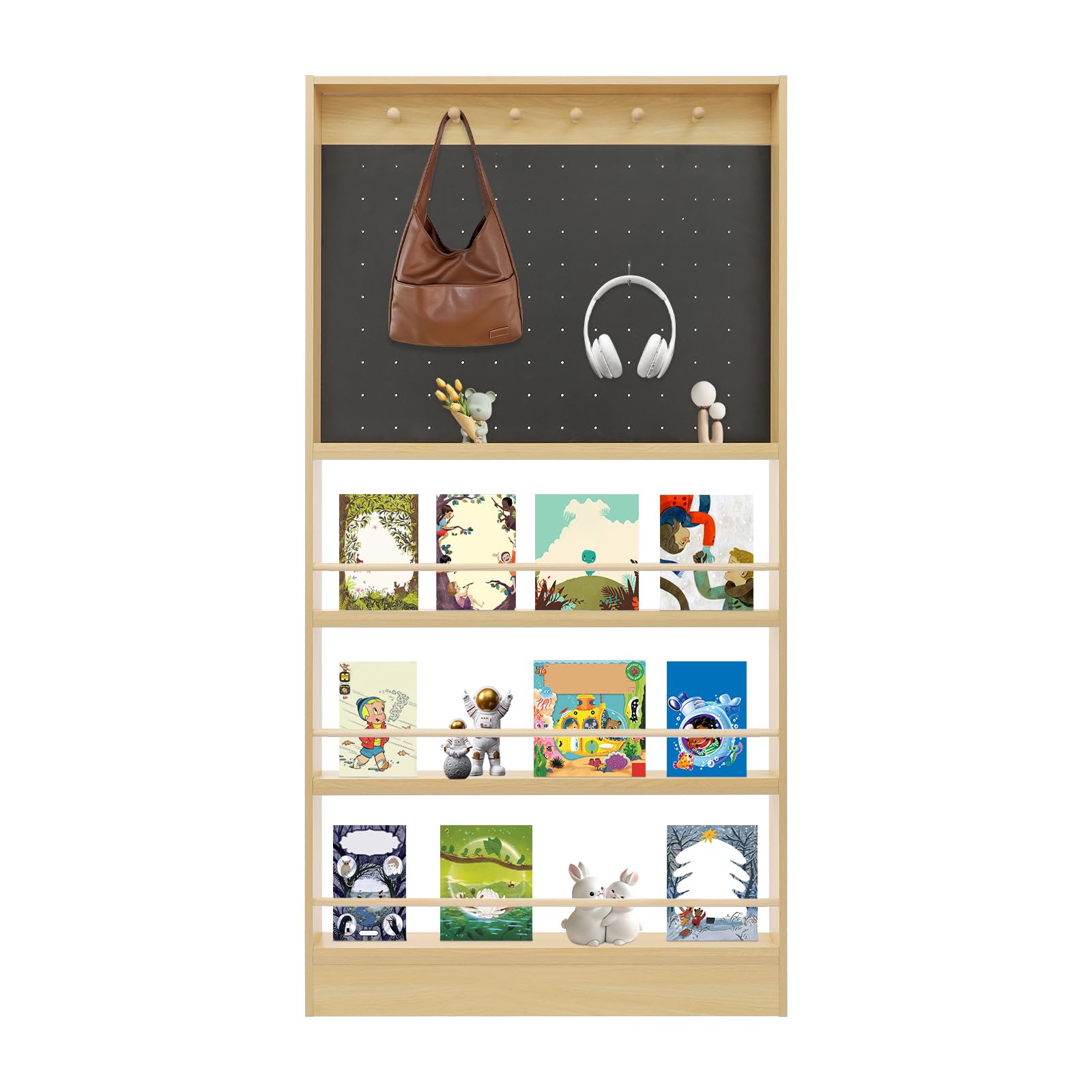 LOYALHEARTDY Behind Door Bookshelf - Behind Door Bookshelf Storage Cabinet, 3-Tier Space-Saving Organizer with Pegboard for Toys, Books & Hooks, 3.94in Depth (Log/Black), Fits Behind Door & Walls