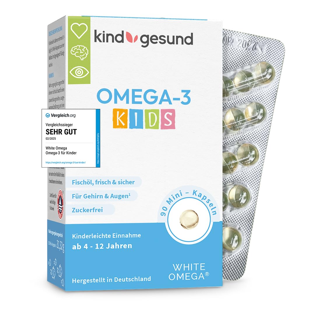 Omega 3 Kinder - Vergleichssieger 2025-518mg Fischöl: 293mg DHA & 173mg EPA - zuckerfrei, kein Fischgeschmack, leicht zu schlucken - Omega 3 Kids Fischöl Kapseln - White Omega Kids, 90 Mini Pearlz