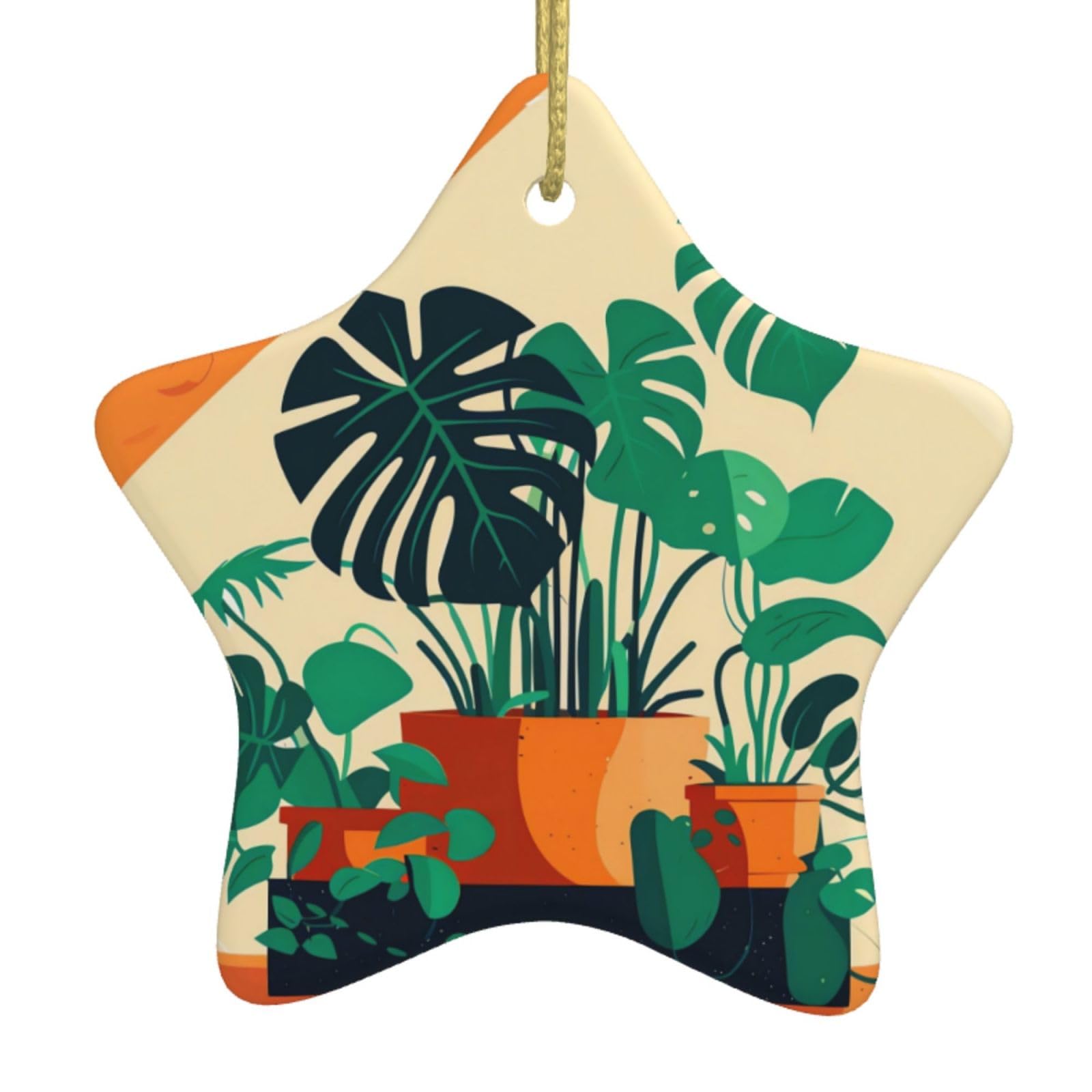 Cartoon Turtle Back Bamboo Christmas Ceramic Star Pendant with Punched Holes and Gold Wire Rope, Christmas Tree Home Decoration