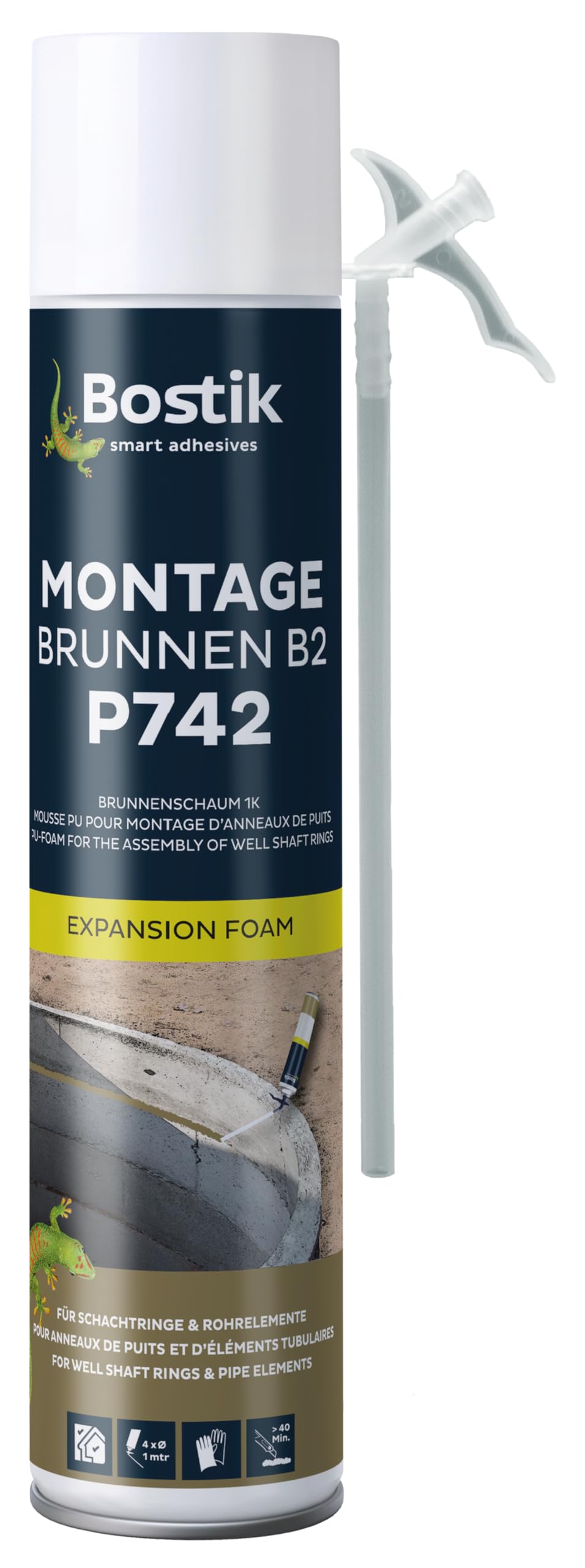 BOSTIK P742 Montage Brunnen B2 – Einkomponentiger Polyurethanschaum, Für Schachtringe und Rohrelemente, Wasserdicht Bis 5 m Wassersäule, Wasserfest und Verrotungsbeständig, 750ml