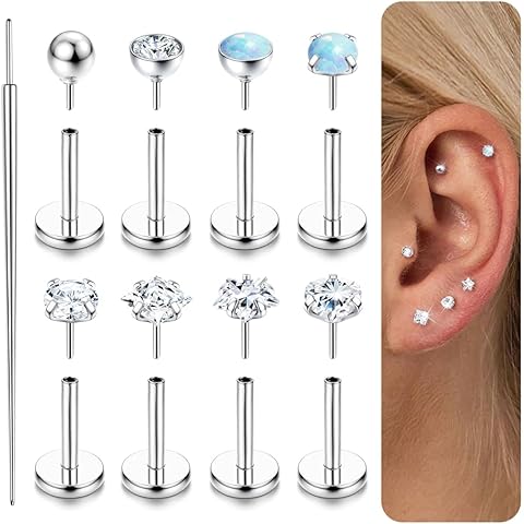 18G/16G Threadless Flat Back Stud Earrings for Women Hypoallergenic Surgical Steel ...