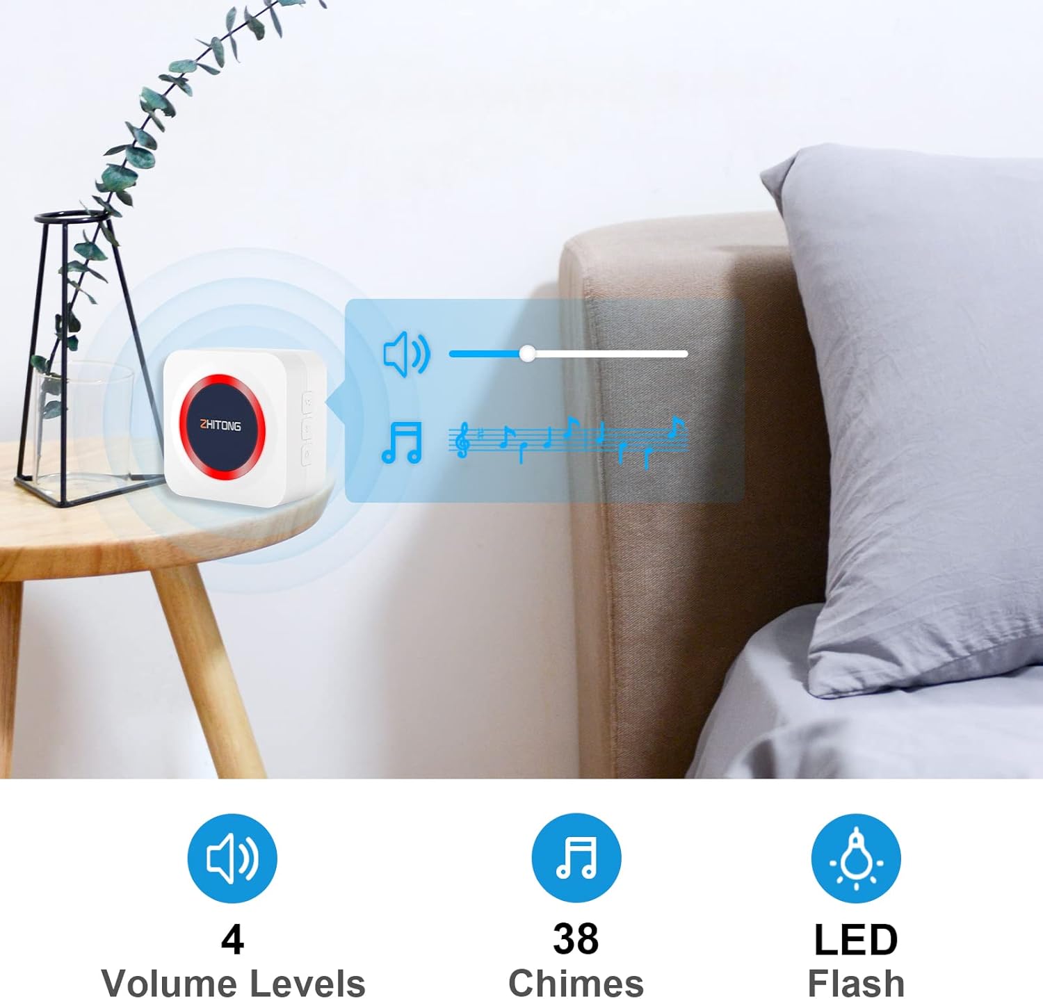 Image showing the Zhitong wireless doorbell receiver on a bedside table, illustrating its 4 volume levels, 38 chimes, and LED flash feature.