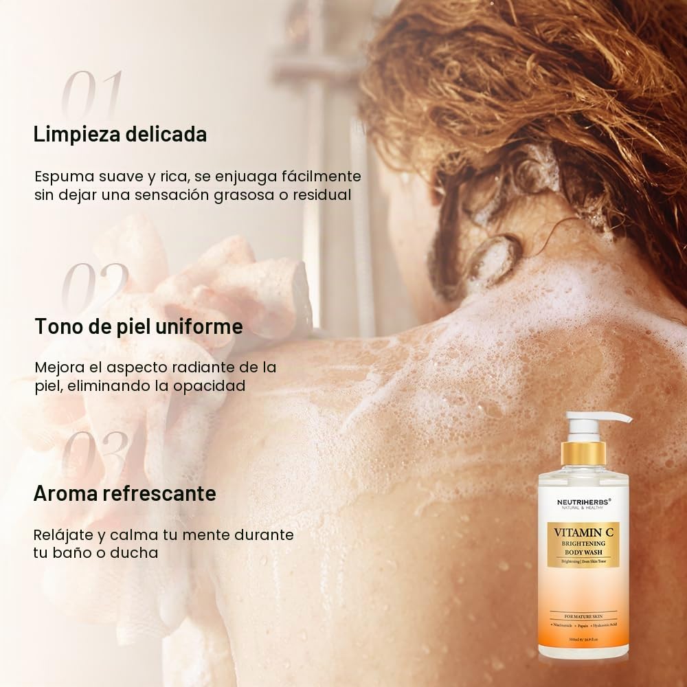 Neutriherbs Brightening Body Wash for Dull,Uneven Skin, Vitamin C Brightening Shower Gel For Women And Men, Daily Shower Soap With Papain, Niacinamide - Citrus Scent 16.9 Fl.Oz | Daily Shower Soap for Women and Men Enriched Papain, Niacinamide, Fresh Citr