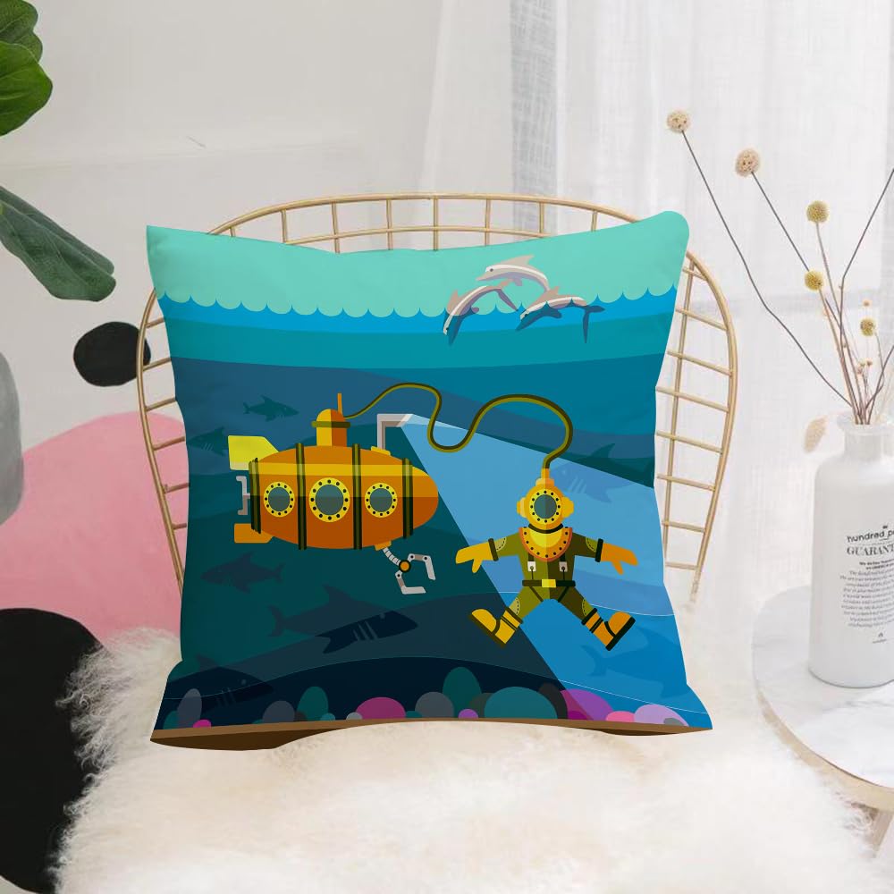 HYOSXW Cushion Cover,Throw Pillow Case Home Decorative for Living Room Bedroom Sofa Chair 16X16 Inch,Illustration of style flat with diver and submarine,Pillowcase 40X40cm